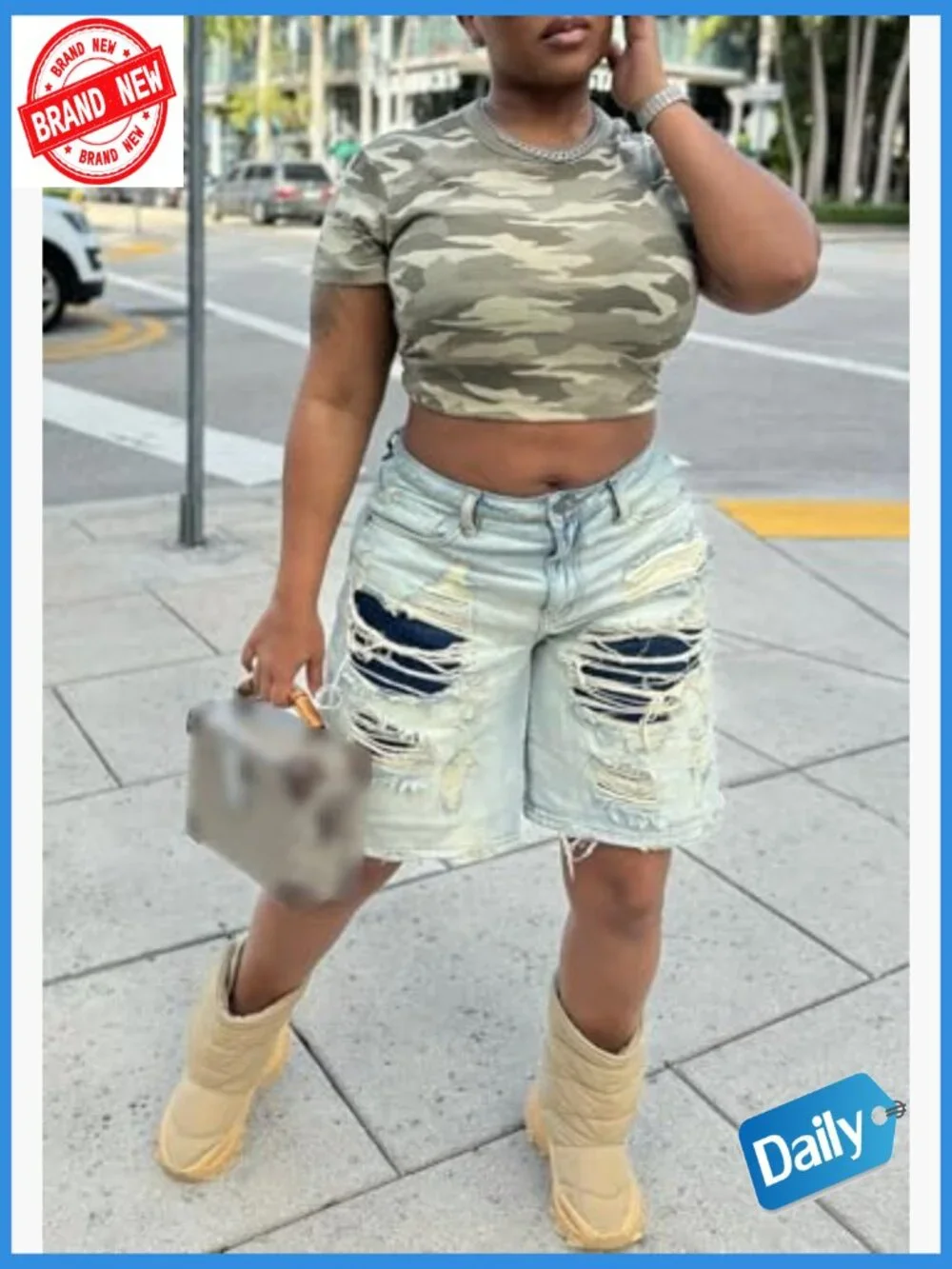 High Rise Baggy Ripped Denim Shorts Straight Wide Leg Y2K Casual Bermuda Cargo